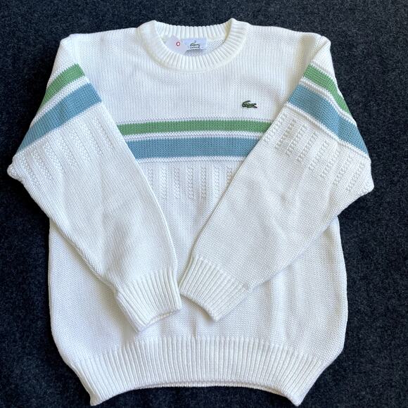 NEW Lacoste Kids White Sweater Blue Green Stripes Size 10 - Picture 5 of 15
